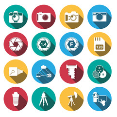flat shadow Camera and accessories icon set.