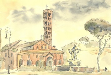 Rome. Italian urban landscape. The Mouth Of Truth. Watercolor painting