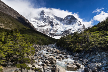 Fototapeta na wymiar River and Glacier del Frances in Torres del Paine National Park