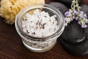Homemade skin exfoliant (skin scrub) of sea salt, olive oil and
