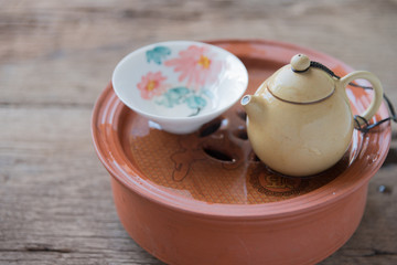 Chinese tea set on wooden,Closeup.