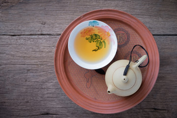 Chinese tea set on wooden,top view Closeup.