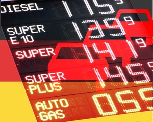 Benzinpreise in Deutschland 
Die deutsche Flagge ist überlagert durch eine durchsichtige Anzeigentafel für Benzinpreise, 
darüber rote Autosymbole 

