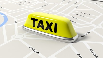 Yellow taxi car roof sign on map, isolated on white background