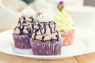 Chocolate Cupcake with chocolate frosting on the table