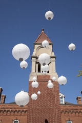 paper lanterns hanging overhead