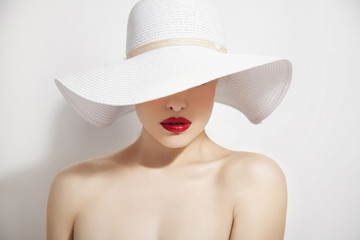 red lips and white hat