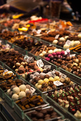 Various Nuts, almonds, sweets and dried fruits at the market