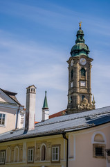 Roofs of houses and tower of Zwettl Abbey, Austria