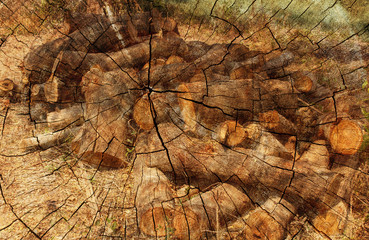 Double exposure of Timber Logs and Cut tree trunk. nature background.