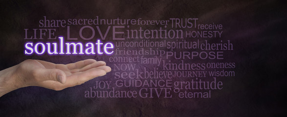 Seeking a Soulmate - male hand palm up with the word Soulmate floating above, surrounded by a word cloud on a deep purple stone effect wide background - obrazy, fototapety, plakaty