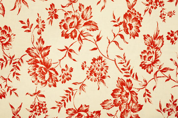 Floral pattern on white fabric. Graphic red roses print as background. - 89137598
