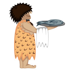 Prehistoric waiter with a tray and a fresh fish (cartoon style)
