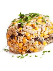White corn with eggs and eggplants