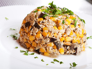 White corn with eggs and eggplants