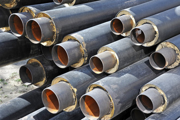 Steel pipe with heat insulation on construction site