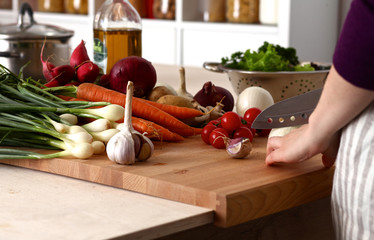 Cook's hands preparing vegetable salad - closeup shot