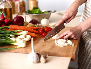 Cook's hands preparing vegetable salad - closeup shot