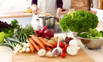 Cook's hands preparing vegetable salad - closeup shot