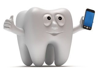 Happy tooth with smartphone.