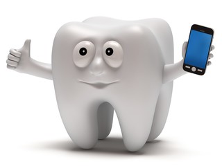 Happy tooth with smartphone.