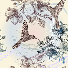 Vector seamless wallpaper pattern with birds and flowers