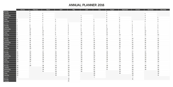 Greyscale English annual planner 2016
