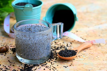 basil seeds for fiber beverage and tape measure