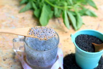 basil seeds for fiber beverage and tape measure