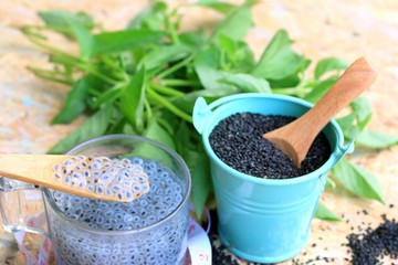 basil seeds for fiber beverage and tape measure
