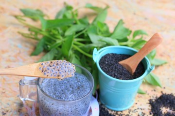 basil seeds for fiber beverage and tape measure
