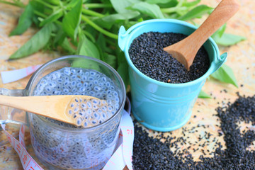 basil seeds for fiber beverage and tape measure