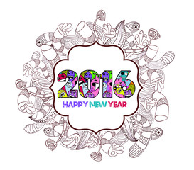 Fototapeta premium happy new year 2016 monster doodle floral label background