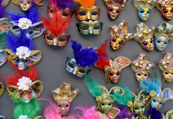 Venetian masks in store display in Venice. Annual carnival in Venice is among the most famous in Europe. Its symbol is the Venetian mask