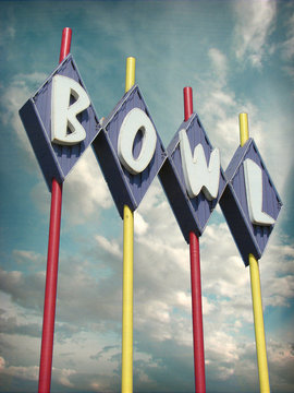 
aged and worn vintage bowling sign