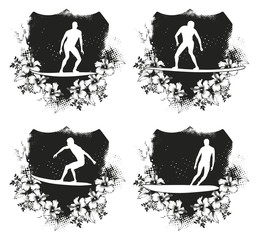 vintage black and white surf shields with hibiscus and riders