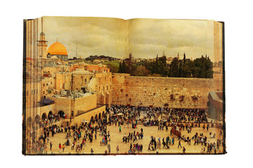 Wisdom / Conditional ancient book with the image of ancient shrines of Jerusalem (Wailing Wall and Rock Dome).