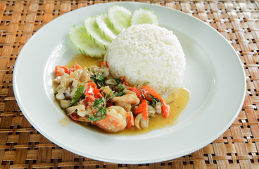 Frired shrimp squid with basil leaves ,Steamed rice