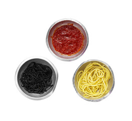 spaghetti and red sauce in metal cup on white background