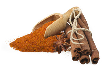 cinnamon sticks with powder on the white background