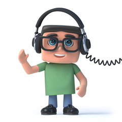 3d Boy in glasses listens to his headphones