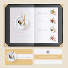 Japanese cuisine sushi recipes menu catalog template with food illustrations and sushi restaurant business card mockups