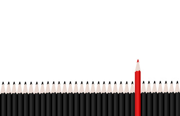 Row of black pencils with red pencil standing out.