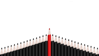 Row of black pencils with red pencil standing out.