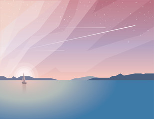 Beautiful minimalistic summer time ocean view landscape with sailing boat on sunset and airplanes traveling through the sky filled with stars