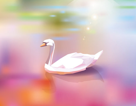 Beautiful polygonal white swan in a colorful vibrant gradient mesh pond vector illustration
