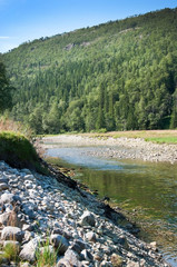 Fototapeta premium River estuary in Tosen fjord. Scenic landscape in Bindal in Nordland, Norway on a sunny summer day.