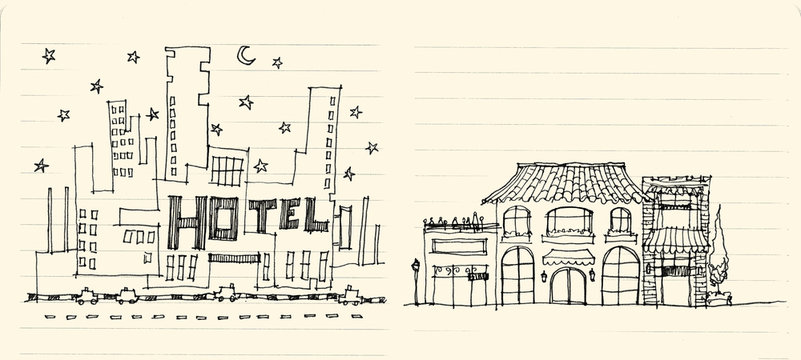 architecture elevation of hotels street, shops, restaurant and a