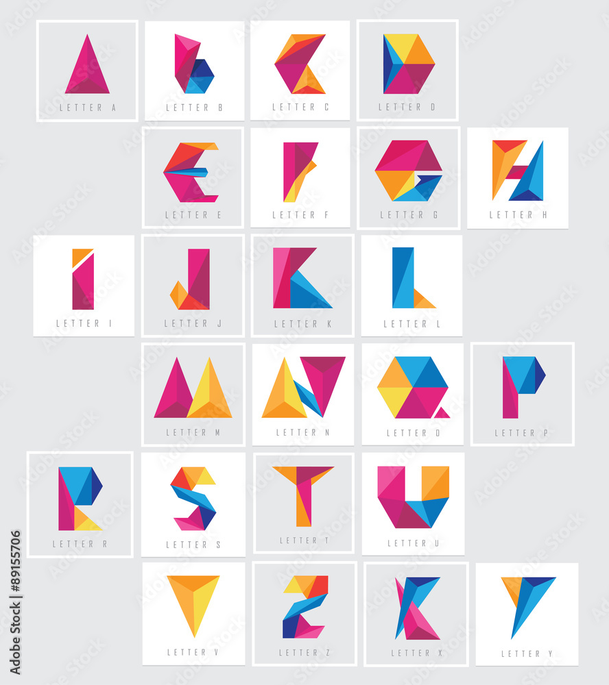 Sticker colorful low polygon alphabet letters collection set. abstract geometric triangular multicolored log