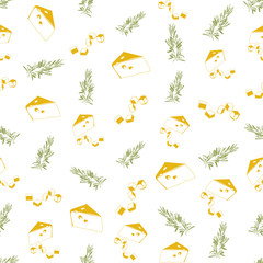 Seamless background made of cheese and rosemary in linear style